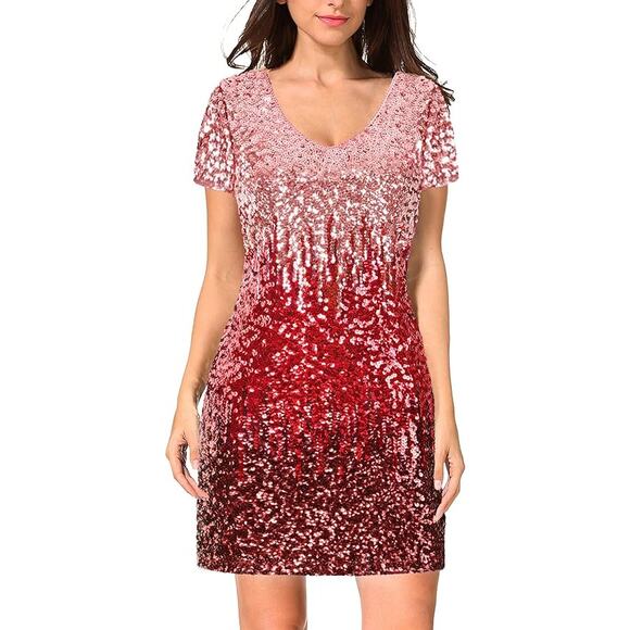 Maner Ombre Sequin Short Sleeve Bodycon Mini Dress Pink Red Black Small - Picture 1 of 10